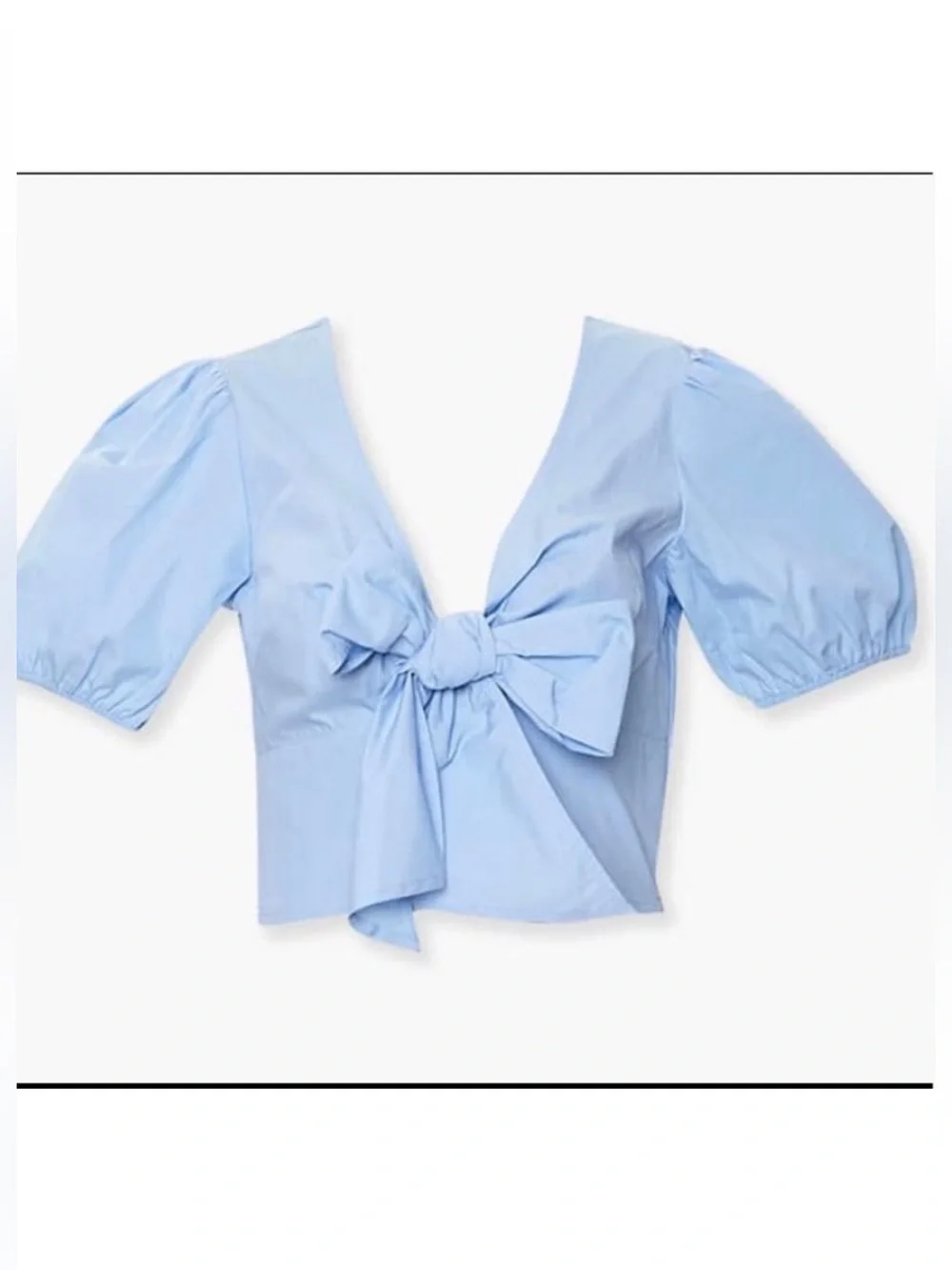 Forever 21 Poplin Light Blue Bow-Front Puff Sleeve Crop Top